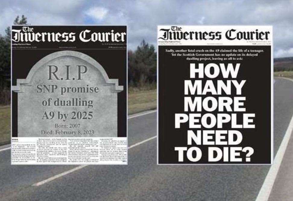 The Inverness Courier's tombstone front page (left).