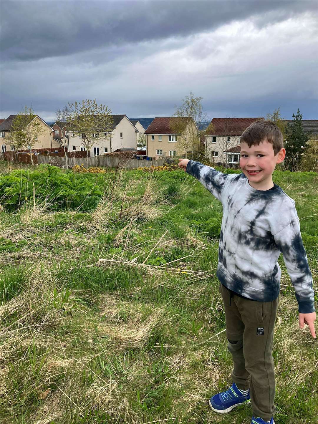 Catriona Wheelan's son standing next to the giant hogweed.