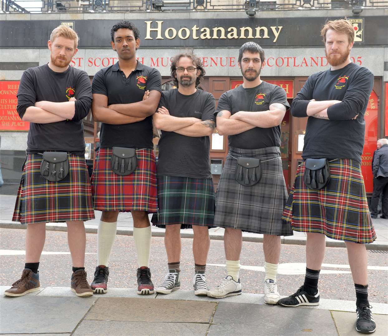 Hootananny kilts Job 029758.Pictured( left to right) duty manager Alasdair Duncan, barman Marvin Skinner, assistant manager Iain Howie, head chef Kyle MacKenzie and duty manager Ruairidh Duncan..