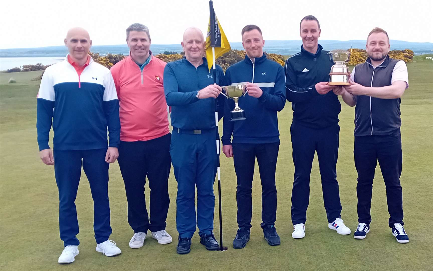 Three of the four pairs of finalists from the 2024 Black Isle Foursomes at Fortrose and Rosemarkie Golf Club, left-right: Simon Robb, Colin Munro, Chris Shewan, Connor Shewan, Mike MacDonald and Chris Gaittens.