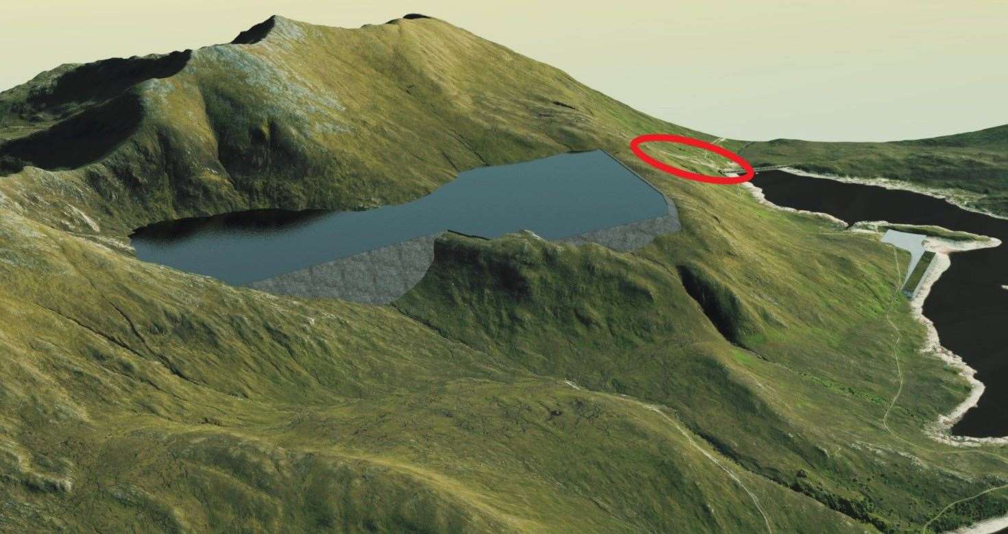 The scar from the landslide (circled red) can be seen in the artist's impression of the proposed hydro storage plan.