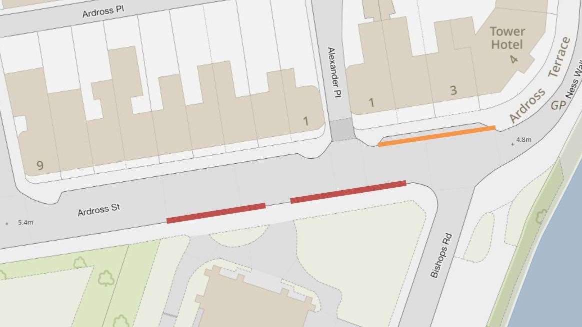 The affected stretches of Ardross Street (red) and Ardross Terrace (orange) which will be used temporarily for touring coaches and blue badge holders. Picture: Highland Council.