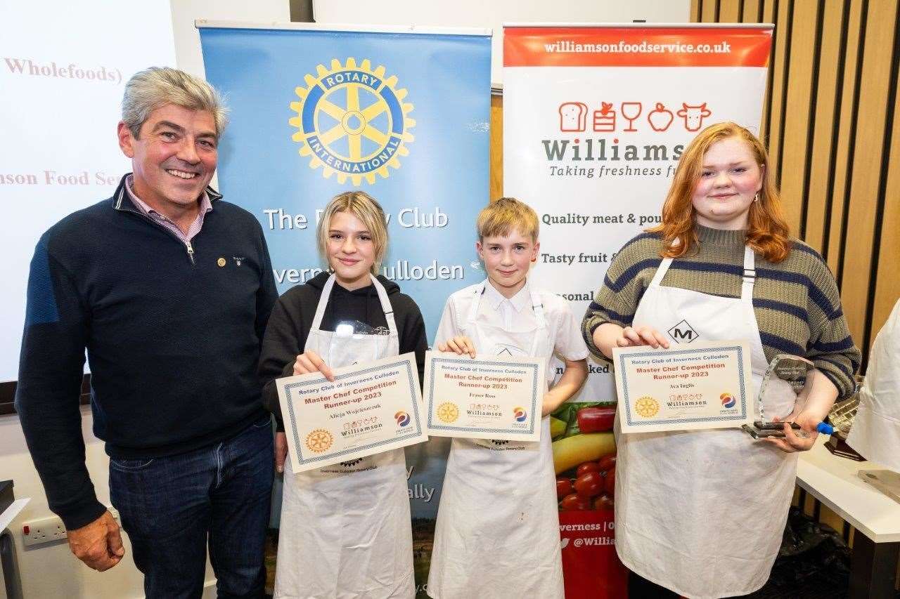 MD of Williamson Foodservice Gary Williamson presents certificates to the Runners Up of Schools Master Chef for Inverness and surrounding area to (l-r) Alicja Wojcieszczuk; Inverness High School; Fraser Ross, Fortrose Academy; and Ava Inglis, Inverness Royal Academy.