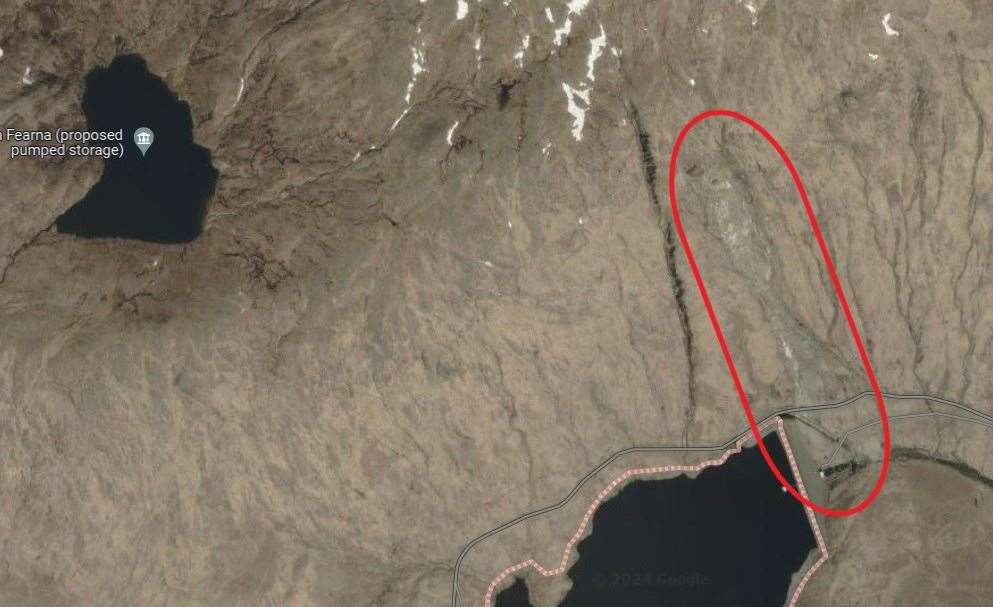 The scar from the landslide (circled red) is clearly visible in Google Earth images of the hillside. The existing extent of Loch Fearna is in the upper left of the image. If built, the new dams would extend Loch Fearna to the east. Picture: Google maps.