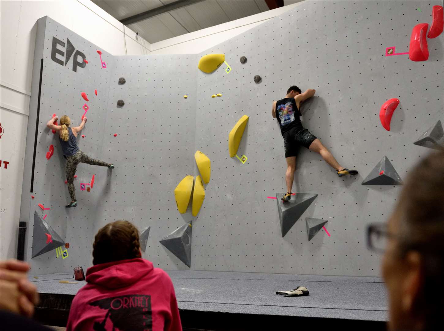 Louis Langlands and Sally Reeves on the bouldering wall. Picture: Ben Clarke